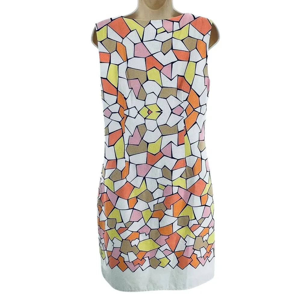 Cece's New York White Yellow Abstract 70s Vibe Sleeveless Lined Shift Dress 6 - Picture 3 of 9